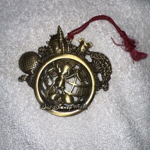 VTG Walt DisneyWorld Christmas Ornament Brass Look Metal with Mickey Mouse